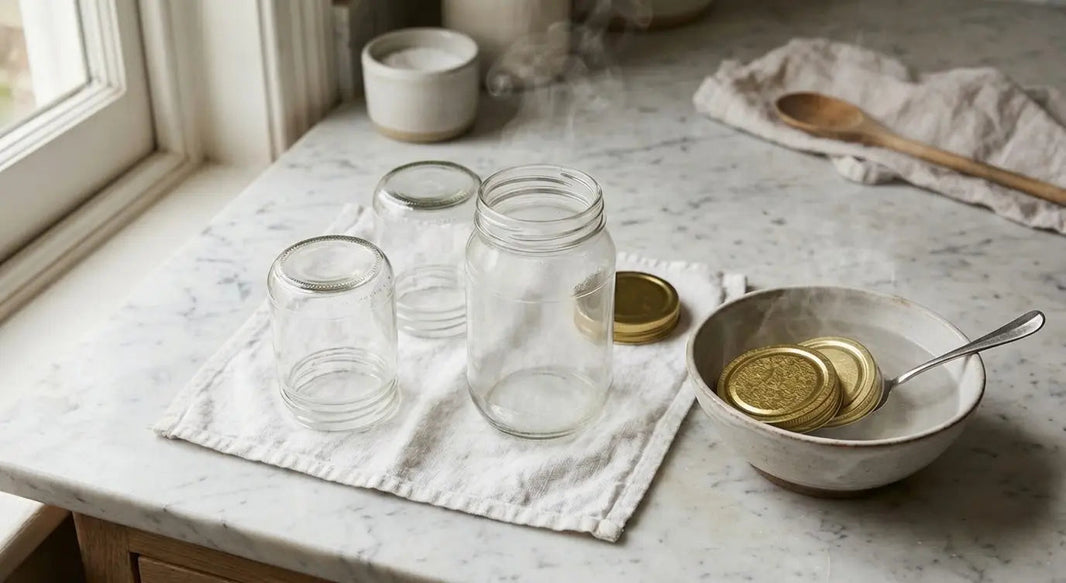 Glass jars drying on a clean cloth after sterilisation