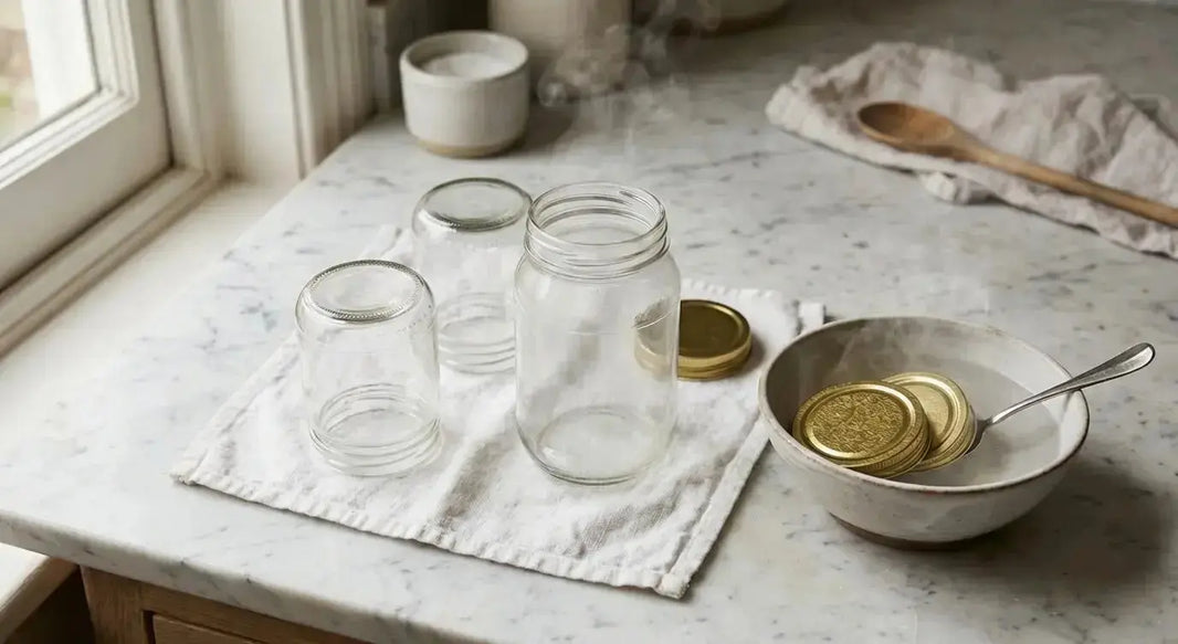 Glass jars drying on a clean cloth after sterilisation