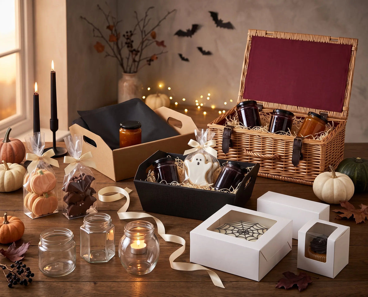 A styled Halloween gift basket arrangement on a wooden table, featuring a wicker picnic basket with jars, a black tray with jars and a ghost ornament, white gift boxes, glass jars, pumpkins, candles, and autumn leaves in a warm indoor setting.