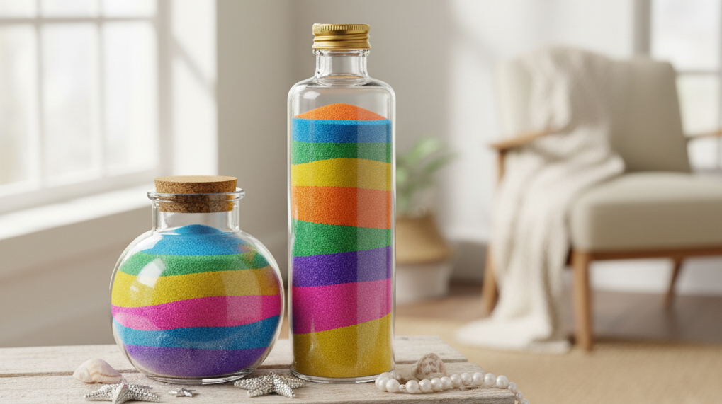 Glass bottles with colorful sand layers on a wooden table.
