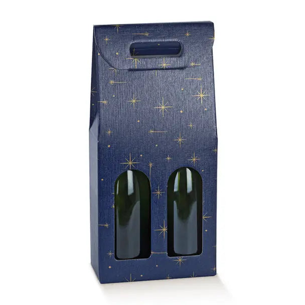 A dark blue gift box with a gold star pattern, featuring two arched cutouts at the bottom displaying dark green glass bottles, set against a plain white background.