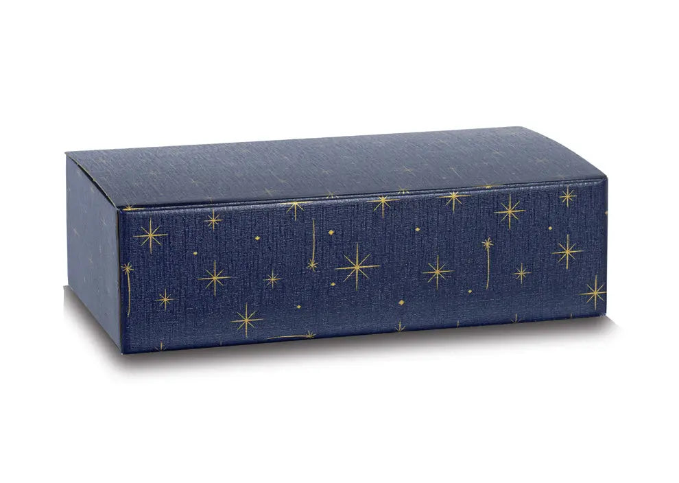 A rectangular navy blue gift box with a textured finish, decorated with a pattern of small gold stars and constellations, shown on a white background.