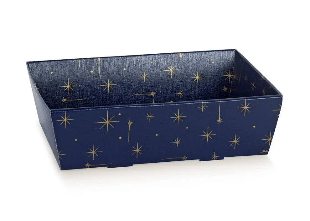 A rectangular open storage box with a navy blue textured exterior and gold starburst patterns, shown on a white background.