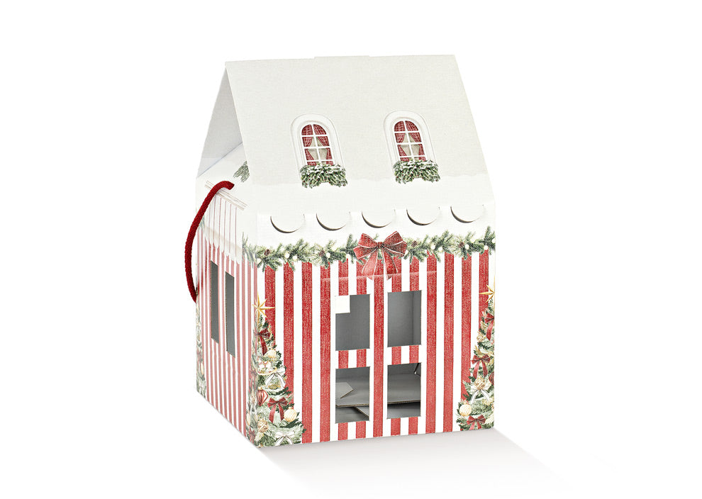 A small house-shaped gift box with a red and white striped facade, green garland details, two arched window cutouts on the roof, and a red hanging loop on the left side, shown on a white background.