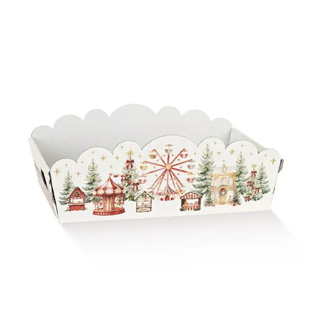 A white scalloped-edge paper tray decorated with a festive winter fair scene featuring a carousel, Christmas tree, gift boxes, and a Ferris wheel, shown on a clean white background.