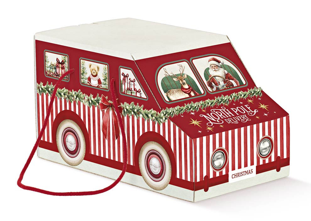 A Christmas-themed gift box shaped like a red and white striped North Pole holiday vehicle, featuring illustrated windows with Santa, a reindeer, and a teddy bear, a red hanging ribbon, and the words 'North Pole Christmas' and 'CHRISTMAS'.