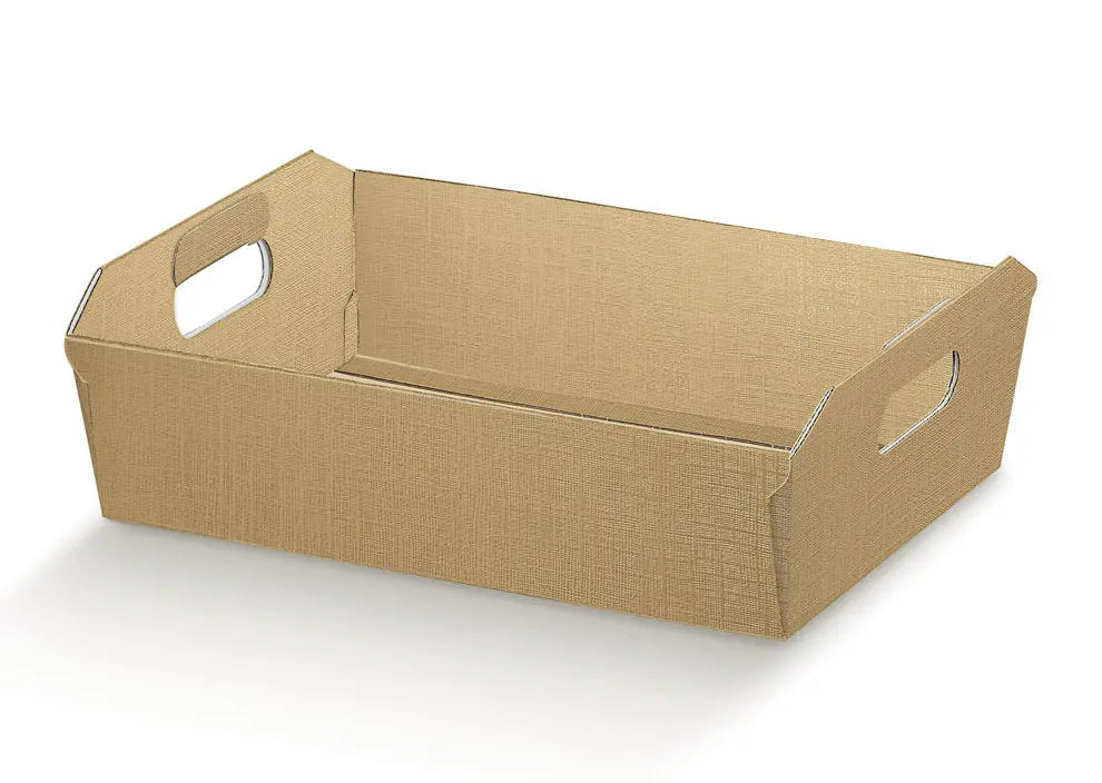 A rectangular brown cardboard storage bin with integrated cutout handles on two short ends, shown on a clean white background.