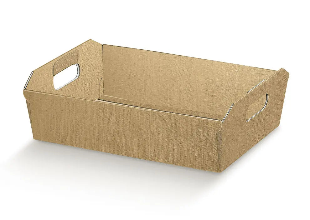 A rectangular brown cardboard storage tray with integrated cutout handles on two short ends, shown on a clean white background.