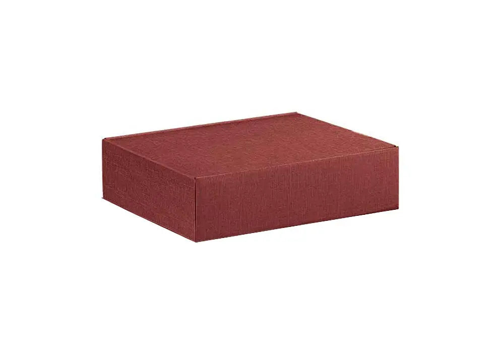 A rectangular red textured box with a closed lid, shown at a three-quarter angle on a plain white background.