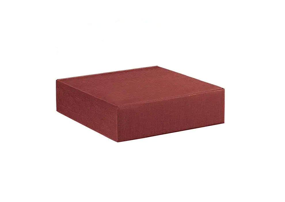 A square, reddish-brown textured box with a hinged lid, shown at a three-quarter angle on a plain white background.
