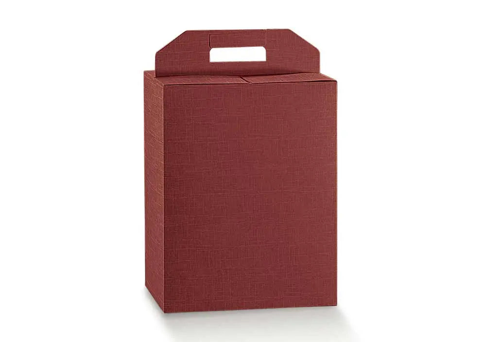A tall, rectangular red cardboard gift box with a built-in handle on top, shown on a clean white background.