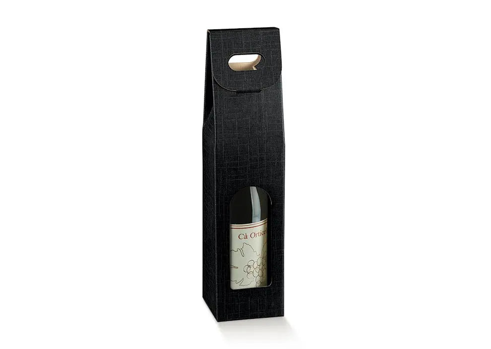 A tall black textured wine gift box with a die-cut handle and a clear window displaying a wine bottle inside, set against a plain white background.