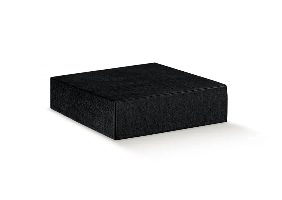 A square black textured box with a fabric-like linen or canvas surface, shown at a three-quarter angle on a clean white background.