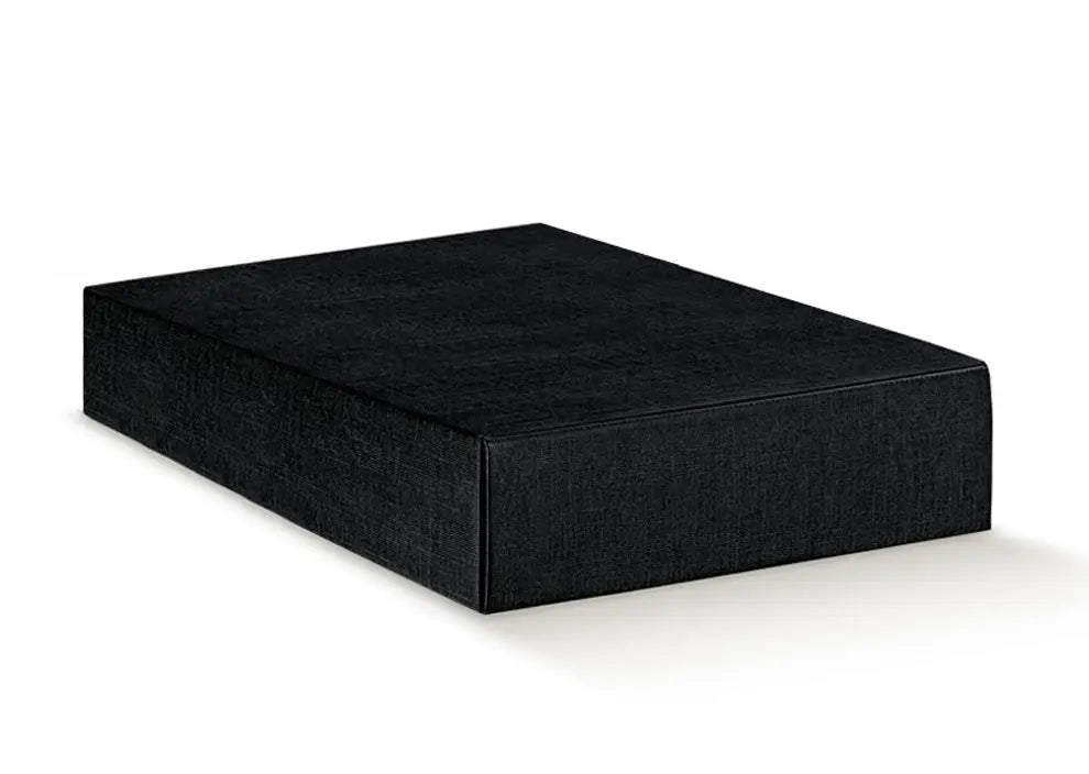 A rectangular black textured box with a fabric-like linen finish, shown at a three-quarter angle on a clean white background.
