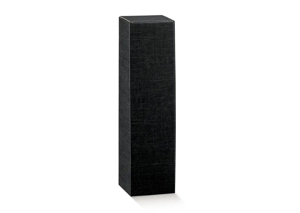 A tall, narrow rectangular black pedestal or display stand with a subtle textured surface, shown on a plain white background.