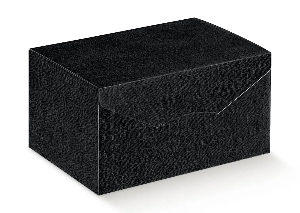 A black textured rectangular box with a matching envelope-style lid, shown on a clean white background.
