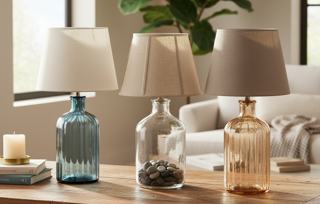 Three glass bottles with lampshades on a wooden table.