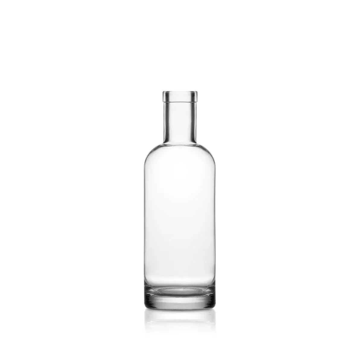 A clear glass bottle with a straight neck and flat base, shown on a plain white background with a soft reflection underneath.