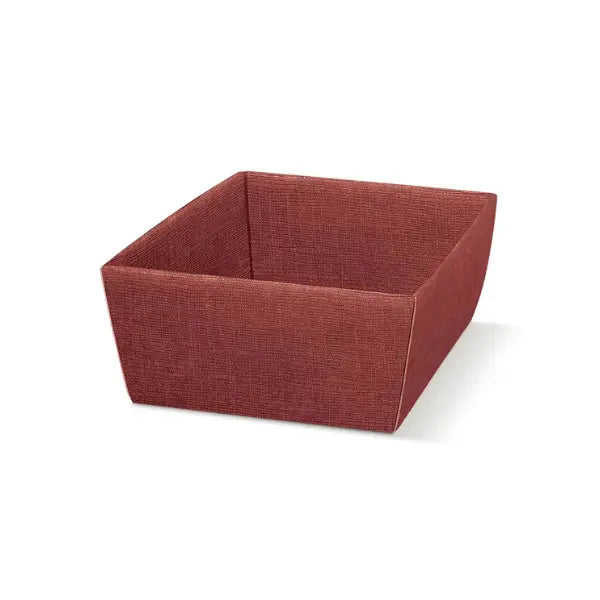 A square fabric storage basket in a textured rust red color, shown on a clean white background with a soft shadow.