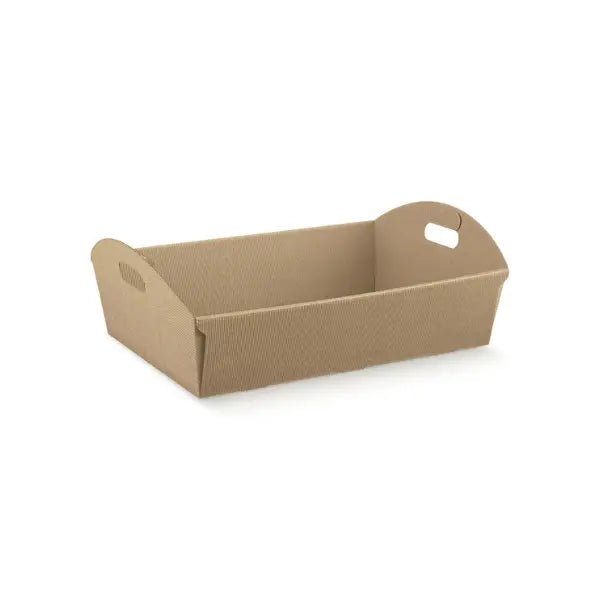 A rectangular brown cardboard storage basket with integrated side handles, shown on a clean white background.