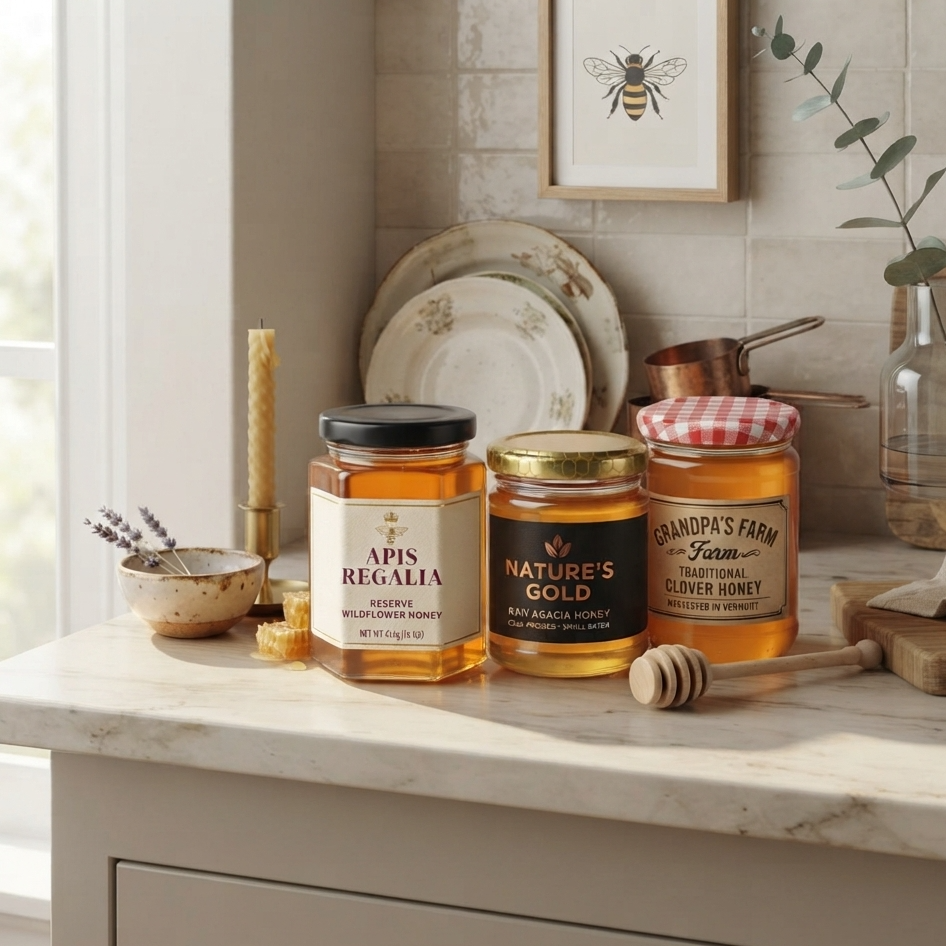 Three jars of honey displayed on a marble kitchen counter: Apis Regalia Royal Manuka Honey, Nature's Gold Raw Unfiltered Honey, and Grandma's Farm Clover Honey, styled with a honey dipper, candle, and decorative plates.