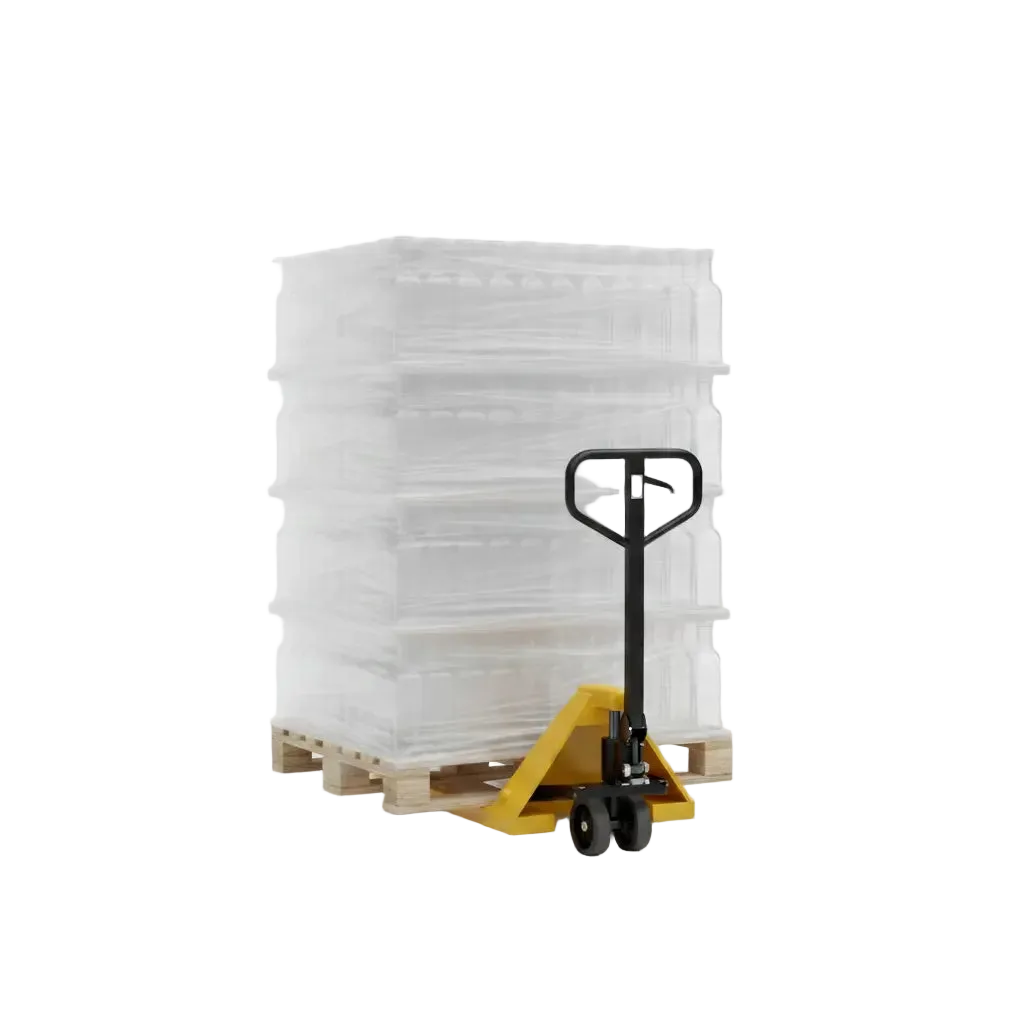 Stack of clear plastic pallets on a yellow pallet jack against a white background