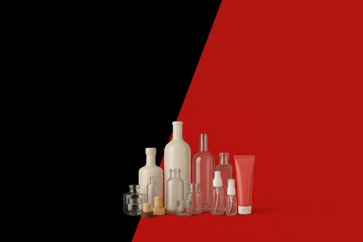 Collection of various bottles and containers on a red and black background with 'The Pack Stock' branding.