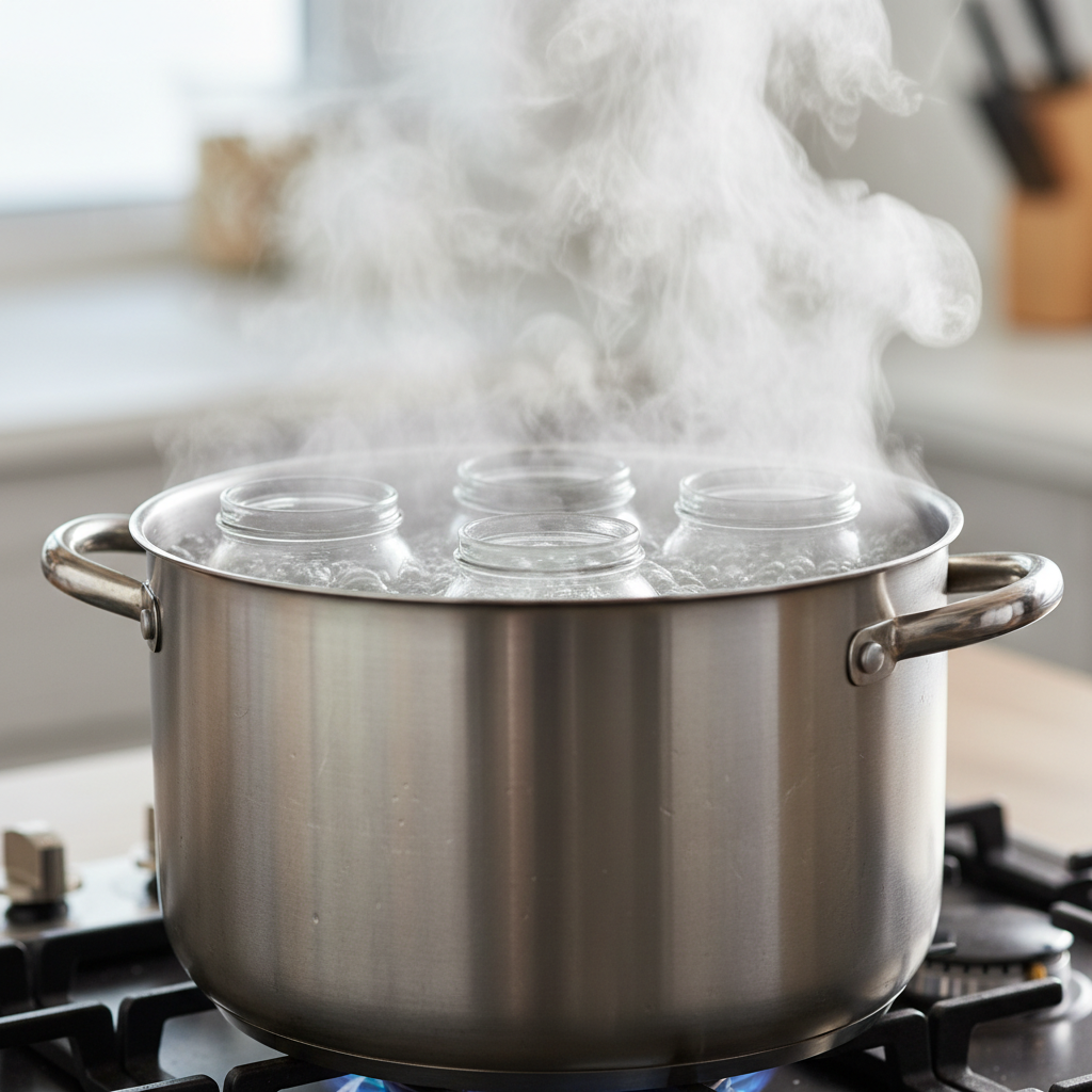 Glass jars submerged in boiling water in a large pot
