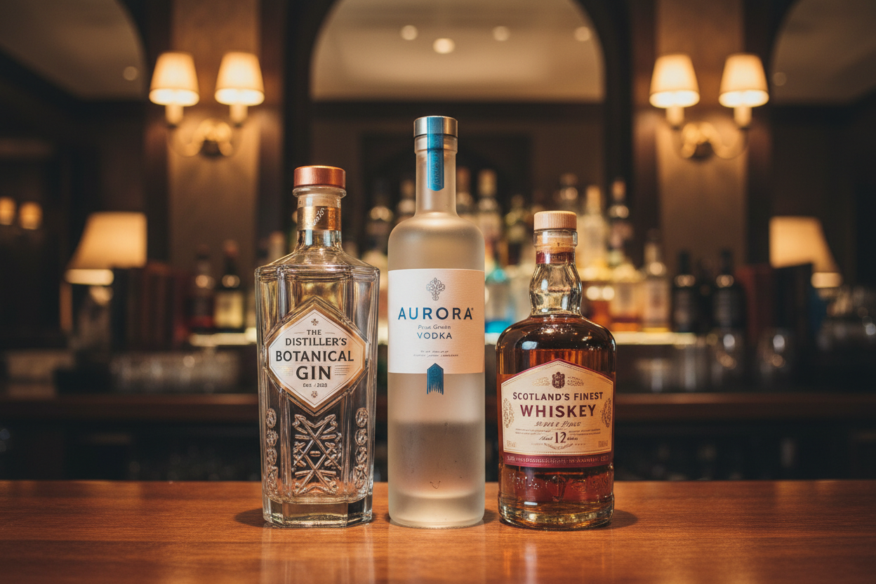 crea una immagine realistica di 3 bottiglie in vetro, una di gin una di vodak e una di wiskey in un bar britannico, molto pulica e con uno sfondo che metta in risalto le bottiglie