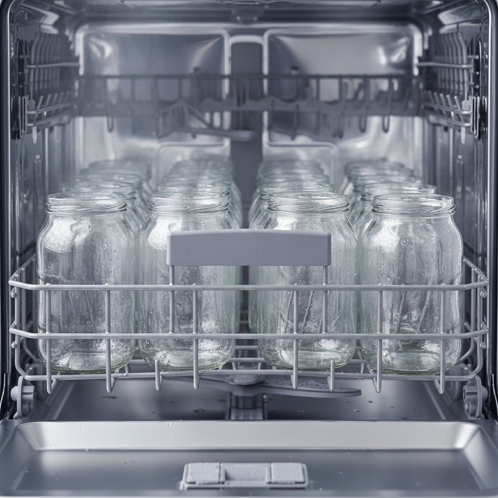 Glass jars loaded in dishwasher racks