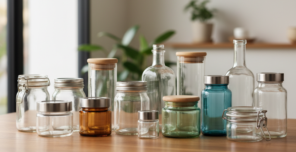 Smooth glass jars and bottles on a wooden table.