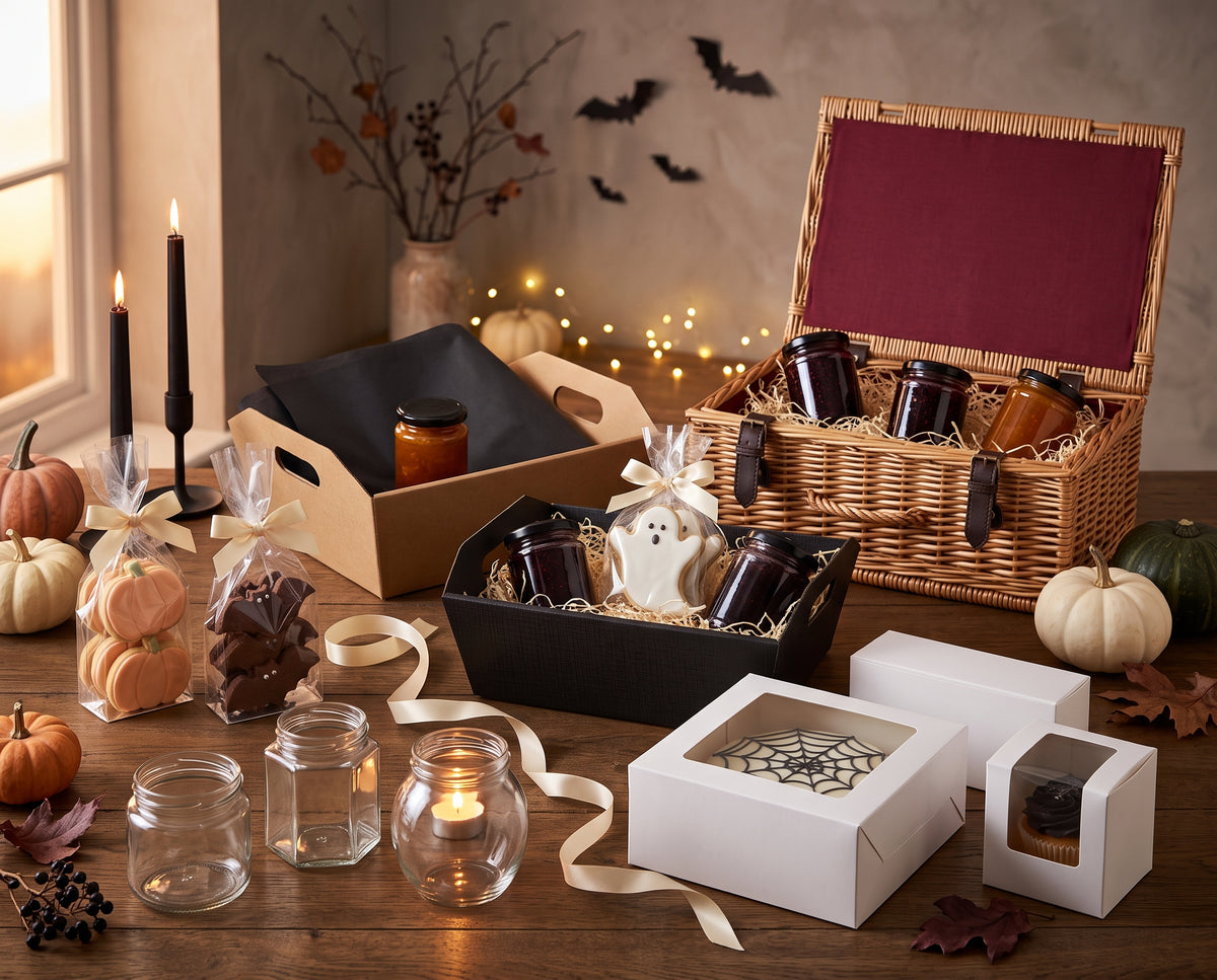 A styled Halloween gift basket arrangement on a wooden table, featuring a wicker picnic basket with jars, a black tray with jars and a ghost ornament, white gift boxes, glass jars, pumpkins, candles, and autumn leaves in a warm indoor setting.