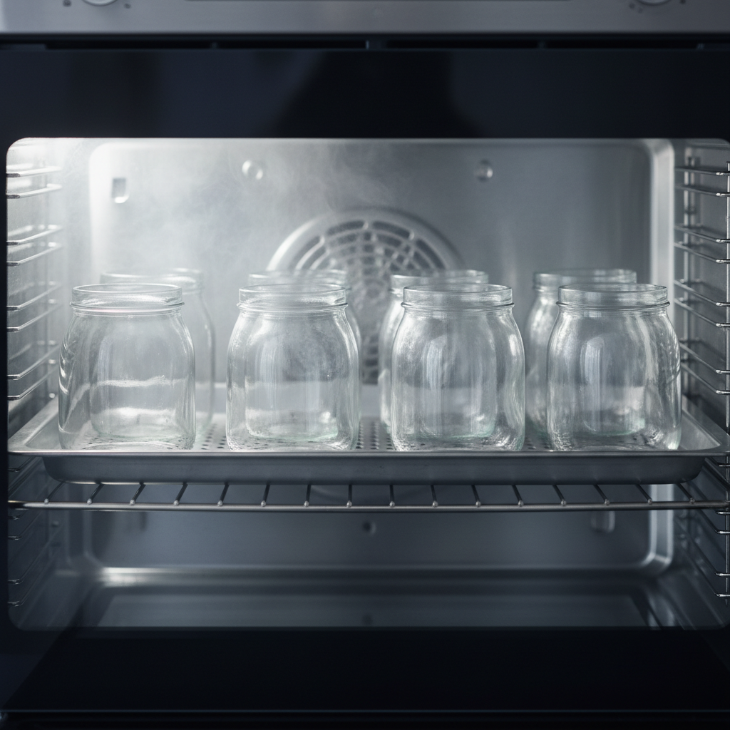 Glass jars placed on a baking tray inside the oven