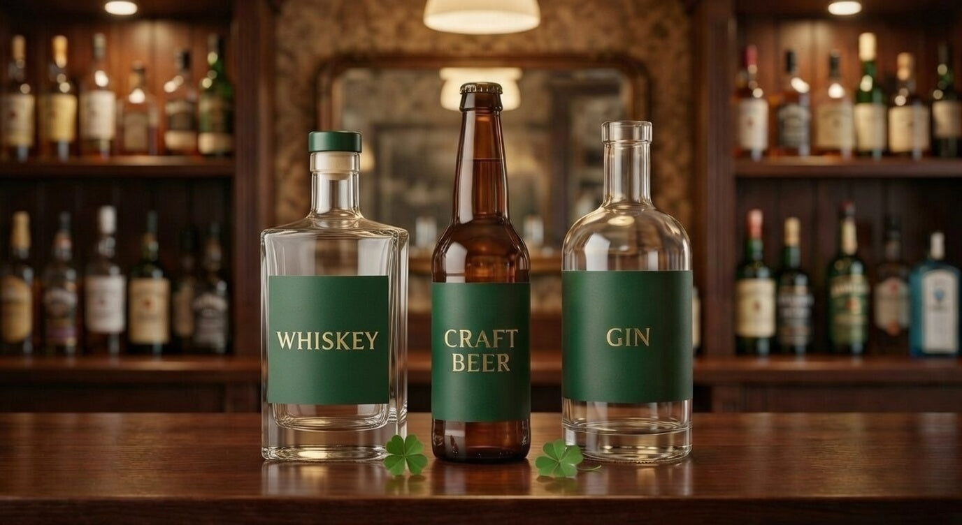 Whiskey, beer and gin glass bottles on a pub counter.